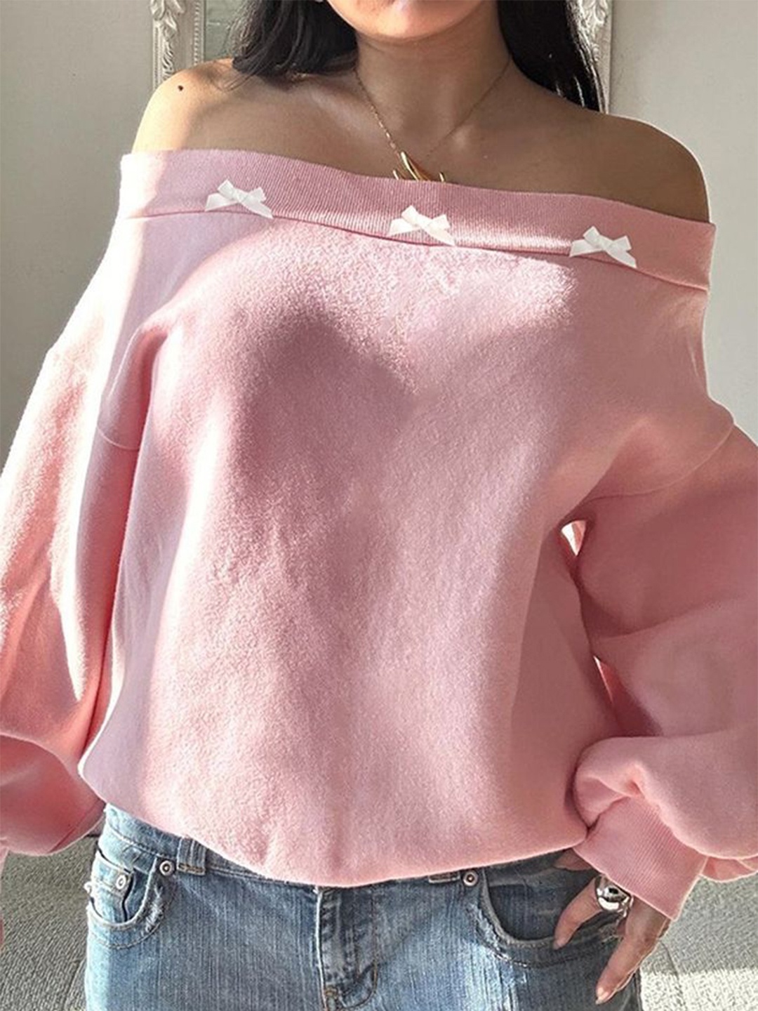 

LULU & SKY Off-Shoulder Bow-knot Detail Bardot Top, Pink