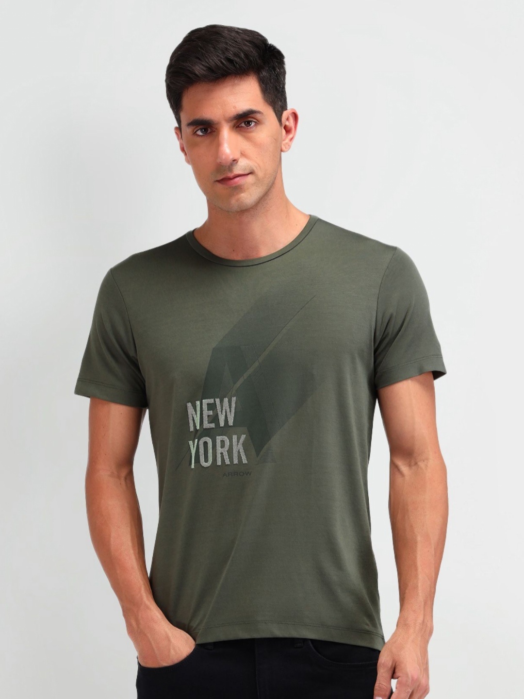 

Arrow New York Men Embroidered Graphic Printed Pure Cotton T-shirt, Green