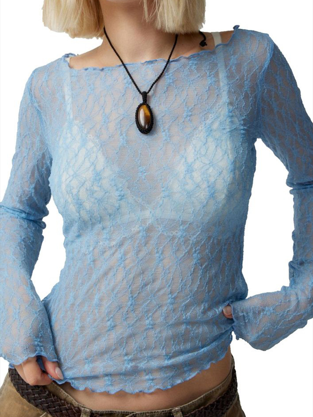 

LULU & SKY Self Design Round Neck Sheer Top, Blue