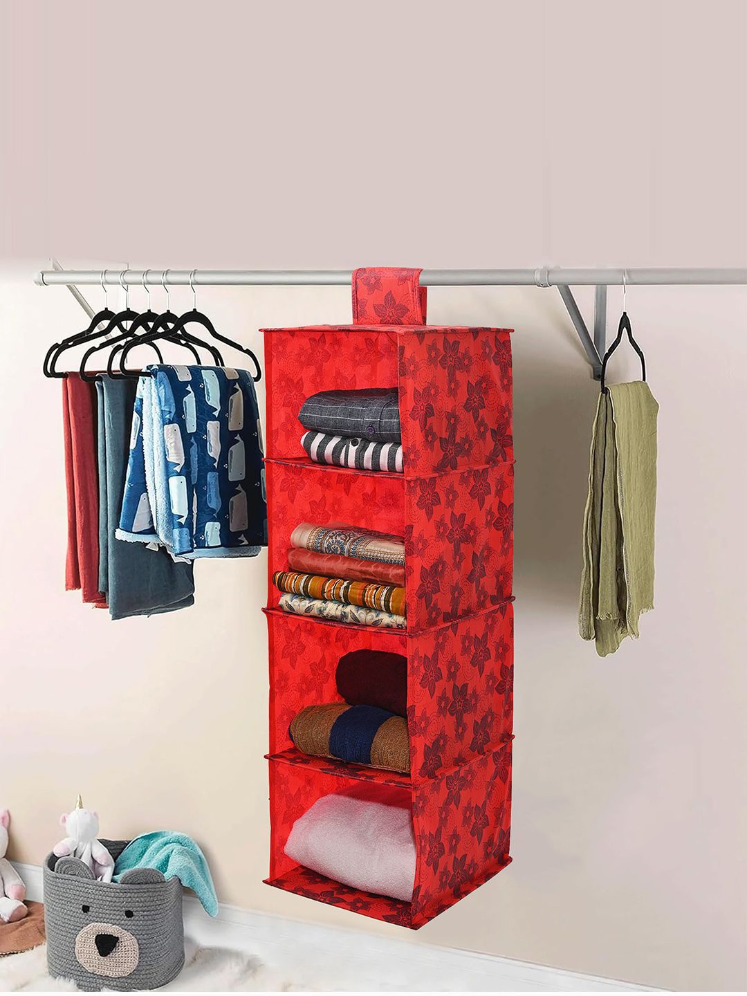 

Kuber Industries Red & Black 2 Pieces Floral Printed 4-Tier Hanging Organisers