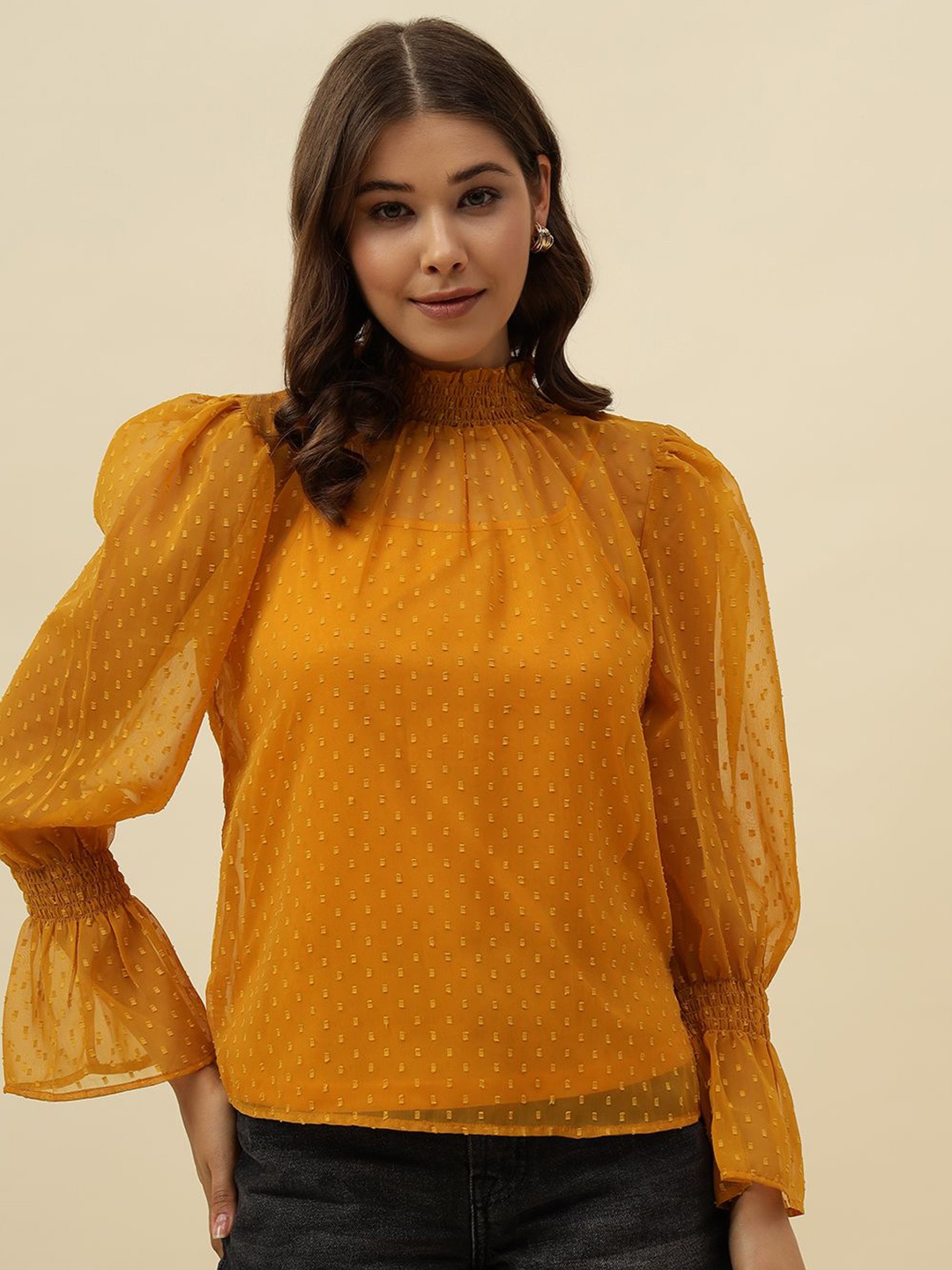 

Beatnik Women Self Design Long Sleeves Regular Top, Mustard