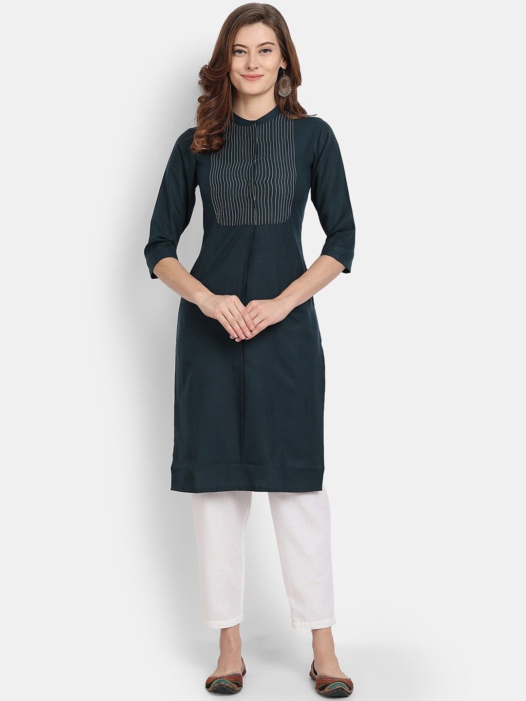

SAHASIKA Band Collar Cotton Straight Kurta, Green
