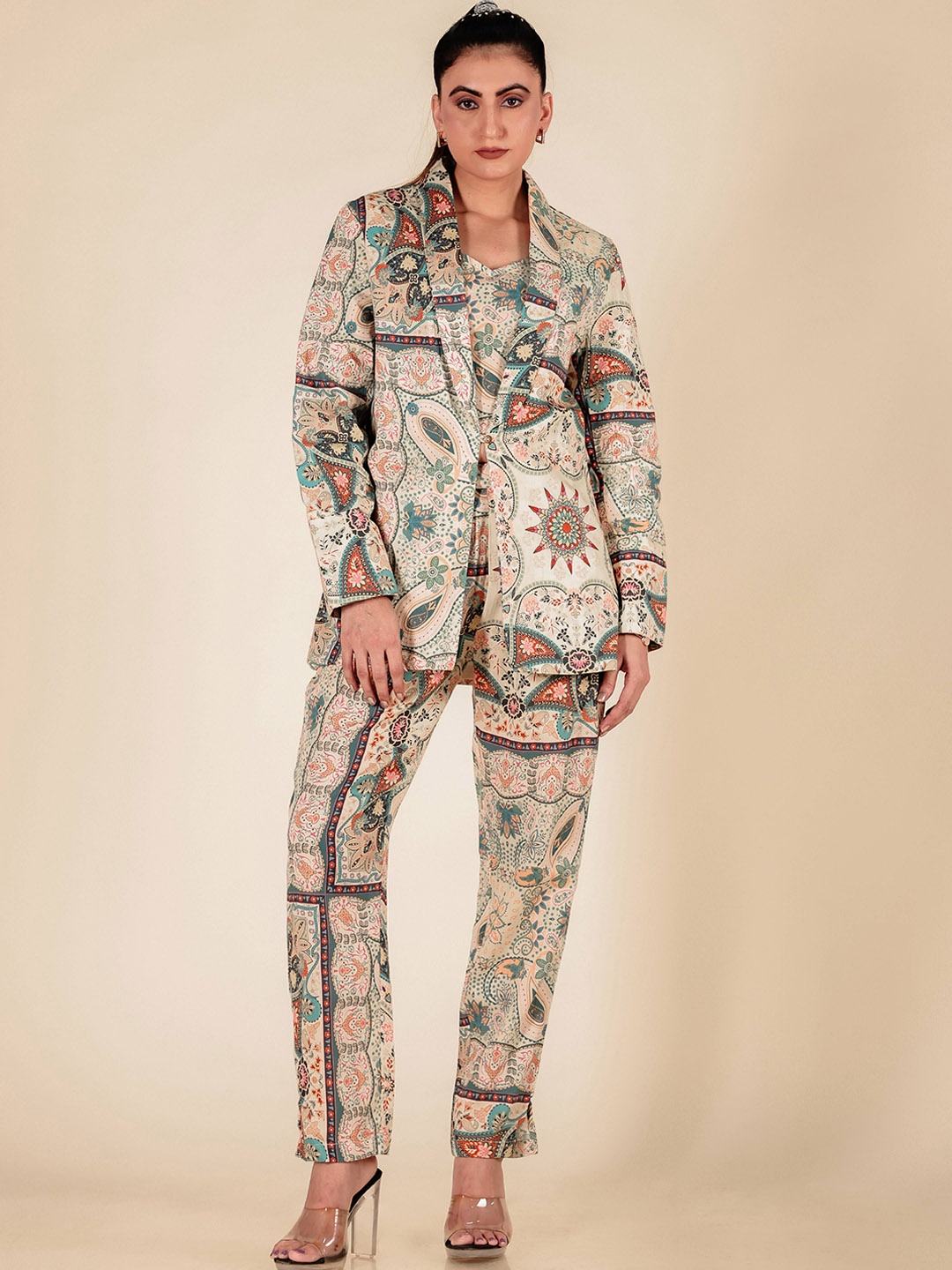 

WESTIFIED Printed Blazer and Top With Trousers, Beige