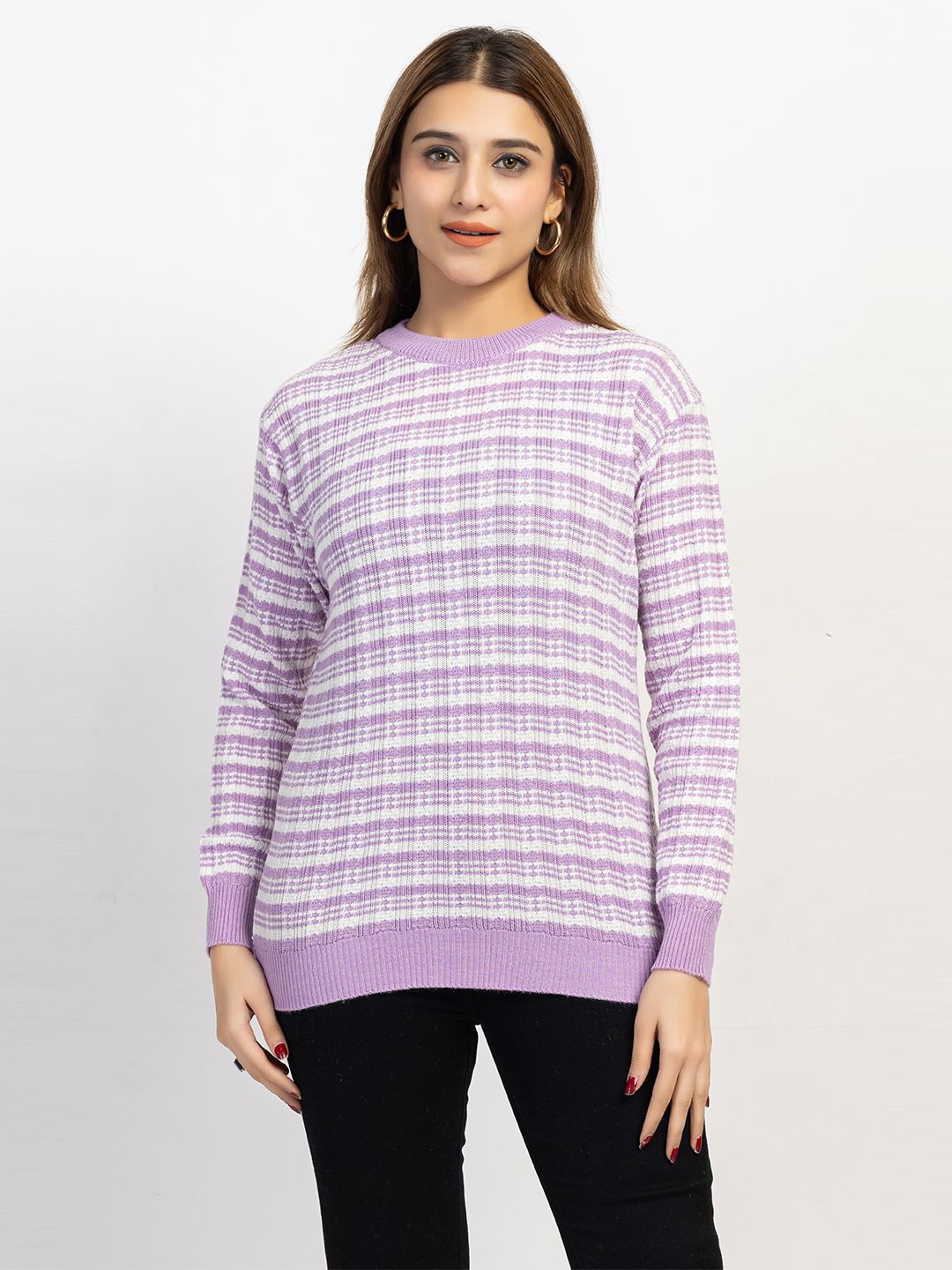 

LEZA Women Round Neck Striped Pullover, Lavender