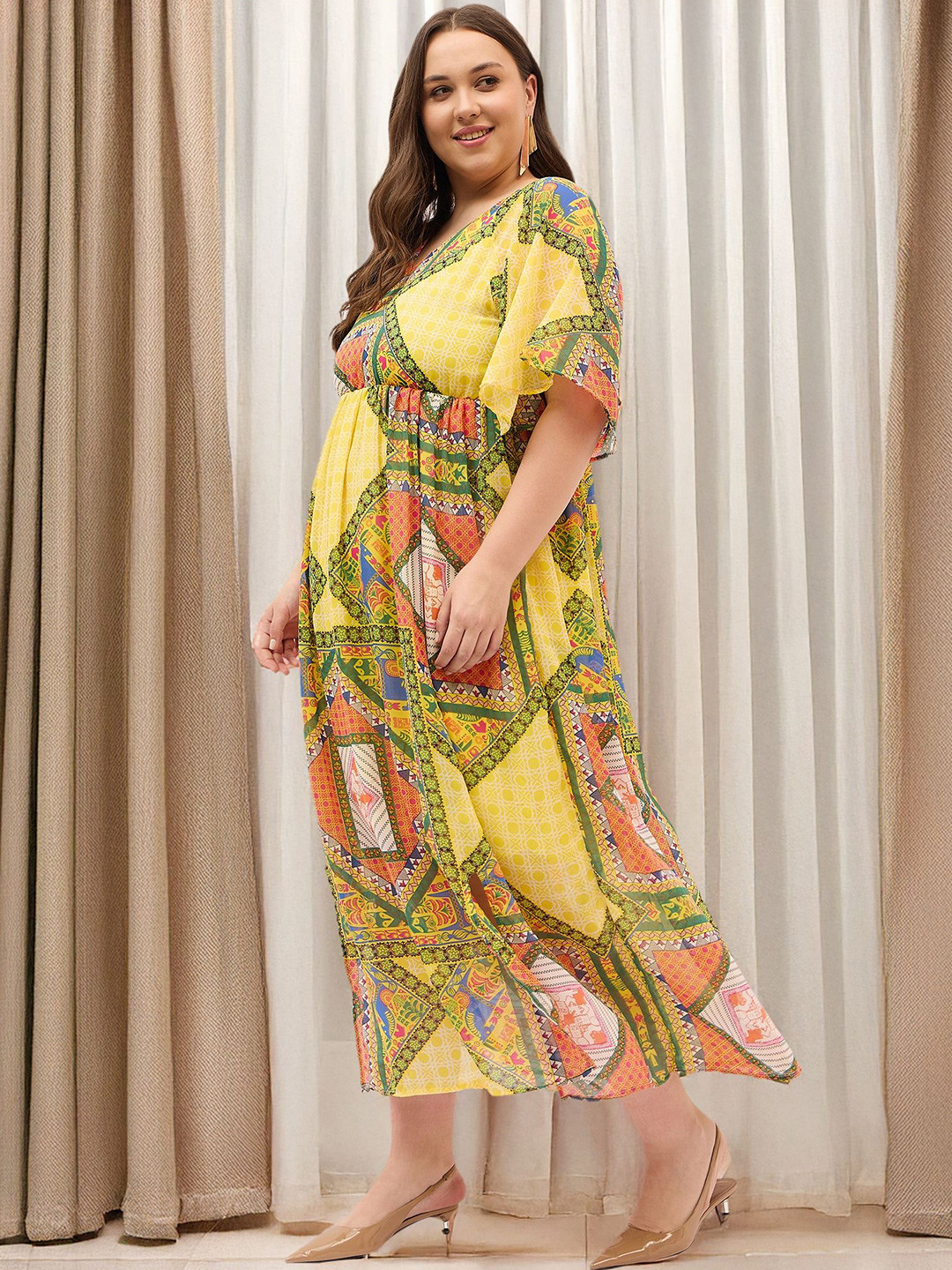 

DressBerry Curve Women Printed Kimono Sleeve Georgette Maxi Dress, Yellow