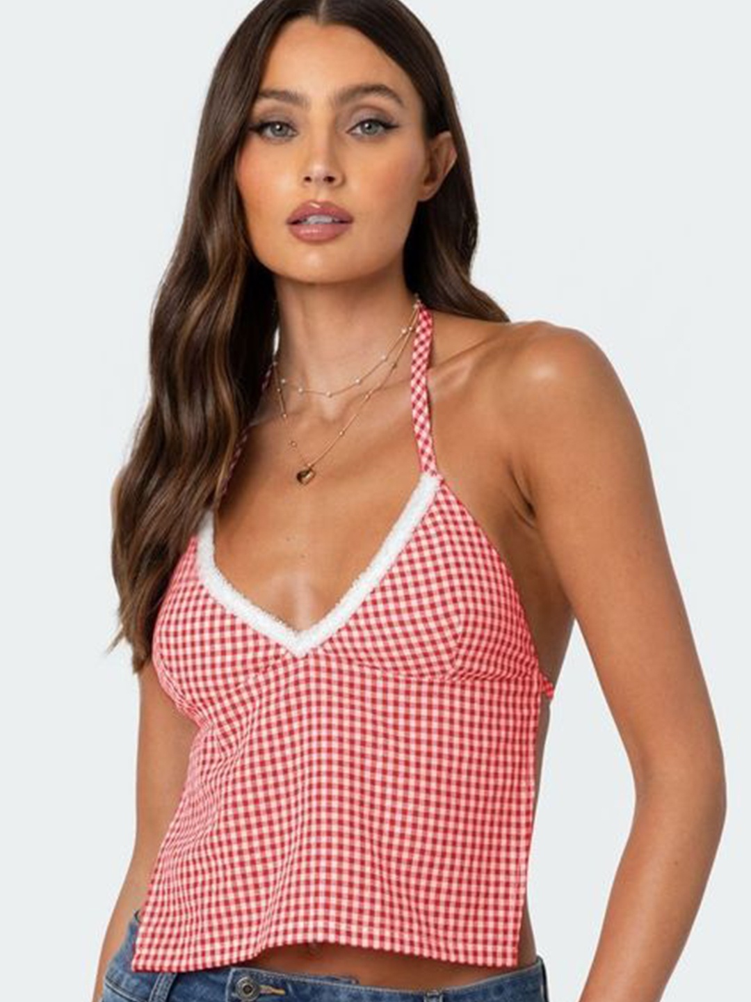 

LULU & SKY Gingham Checked Halter Neck Top, Red