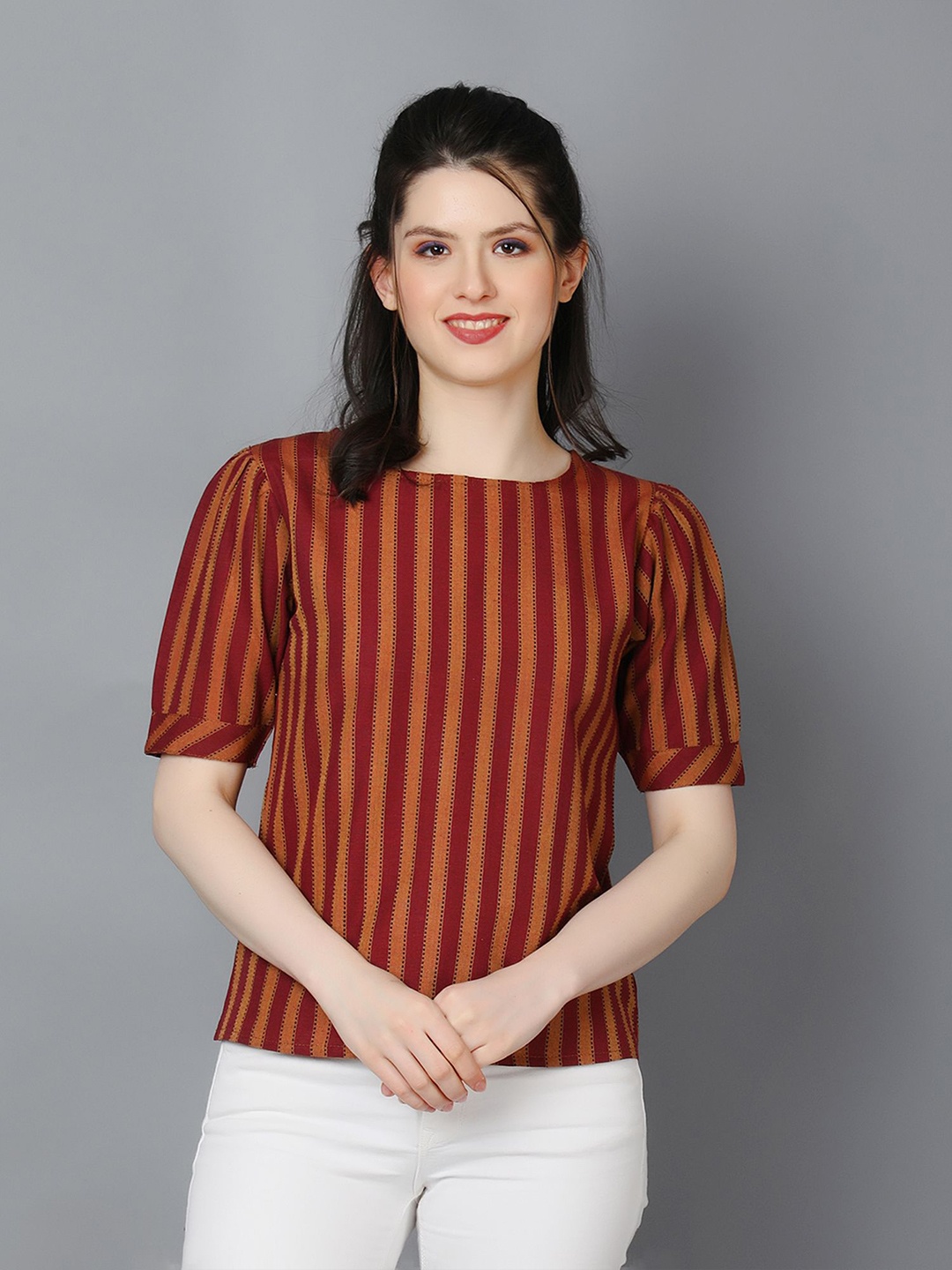 

Zuvino Striped Puff Sleeve Cotton Top, Burgundy