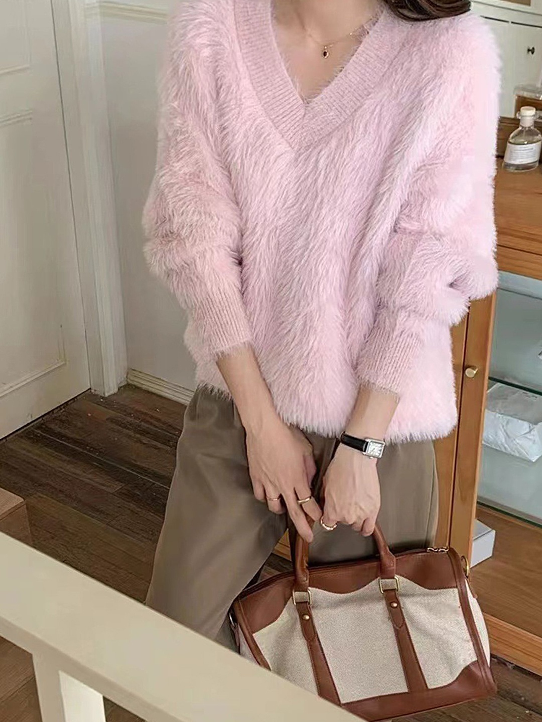 

LULU & SKY Women V-Neck Woollen Pullover, Pink