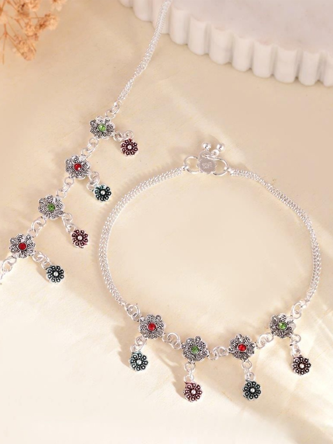 

VOJ Silver-Plated Stainless Steel Stone Studded Meenakari Anklets