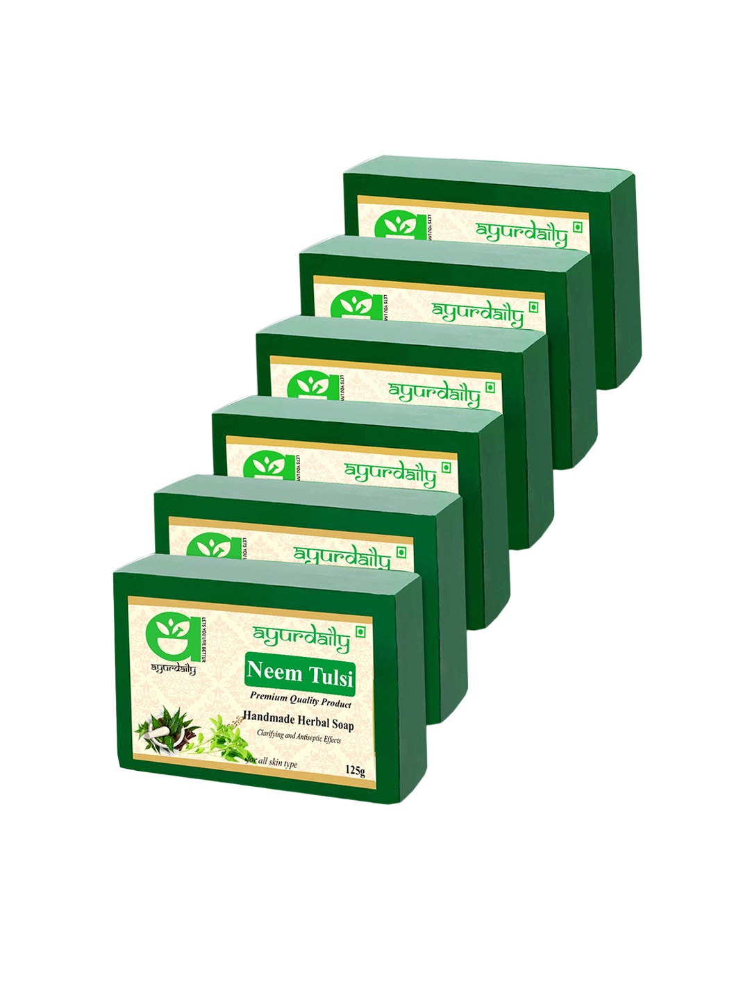 

Ayurdaily Set Of 6 Natural Neem & Tulsi Pure Glycerine Soaps - 125 g Each, Green