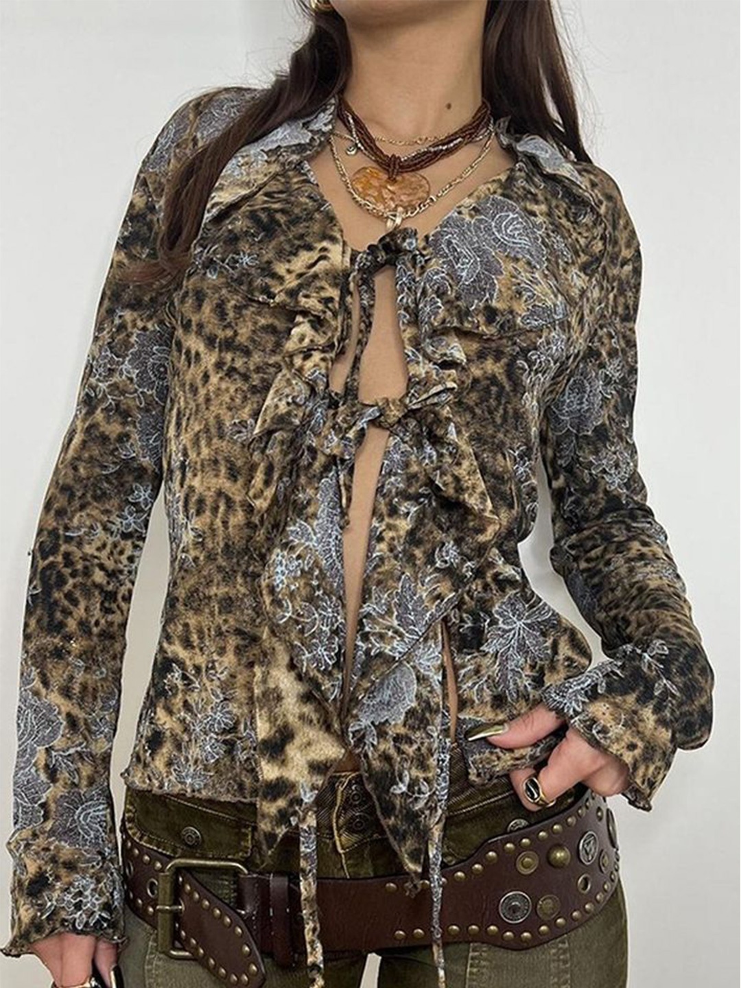 

LULU & SKY Women Animal Skin Printed Tie-up Front Regular Length Top, Brown
