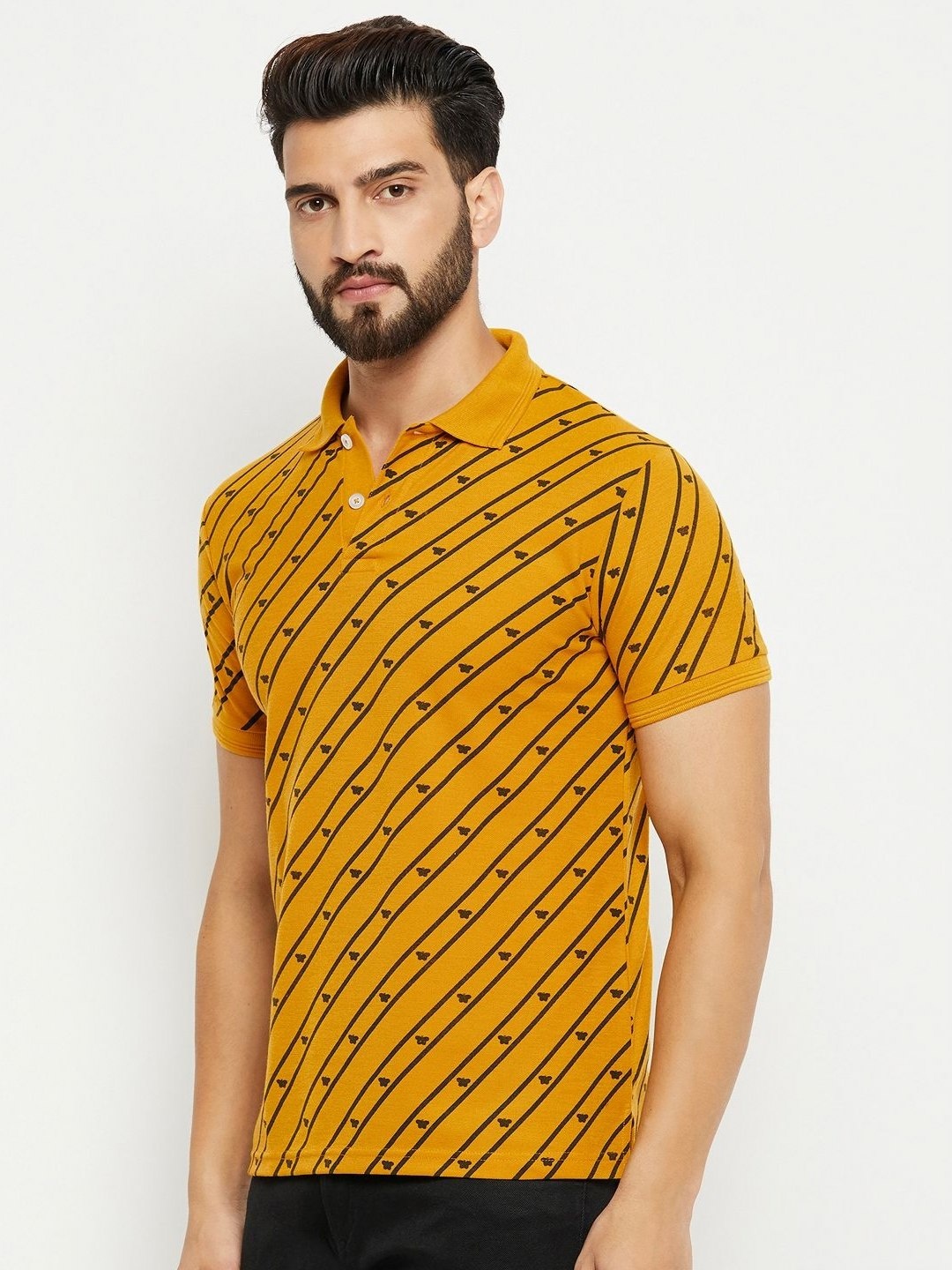 

GET GOLF Men Striped Polo Collar Cotton T-shirt, Mustard