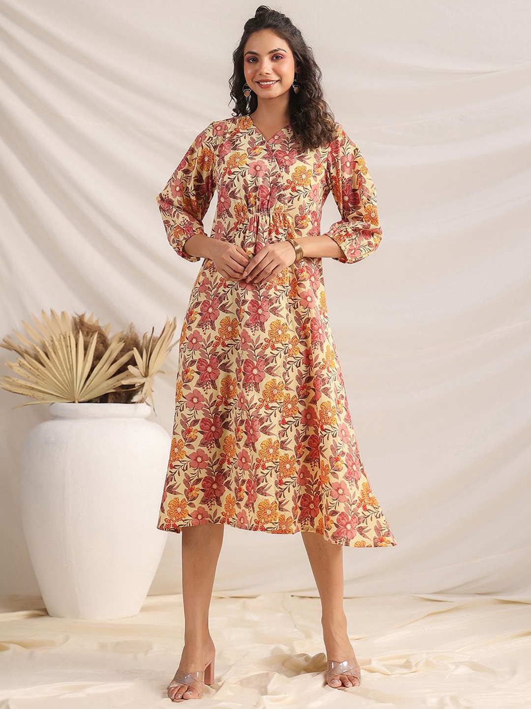 

KALINI Women Floral Print Cotton Puff Sleeve Fit & Flare Midi Dress, Yellow