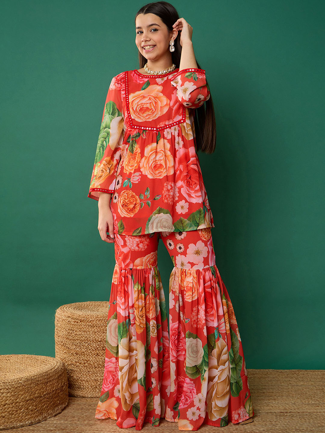 

Noh.Voh - SASSAFRAS Kids Girls Floral Printed Regular Kurti with Sharara Pants, Red
