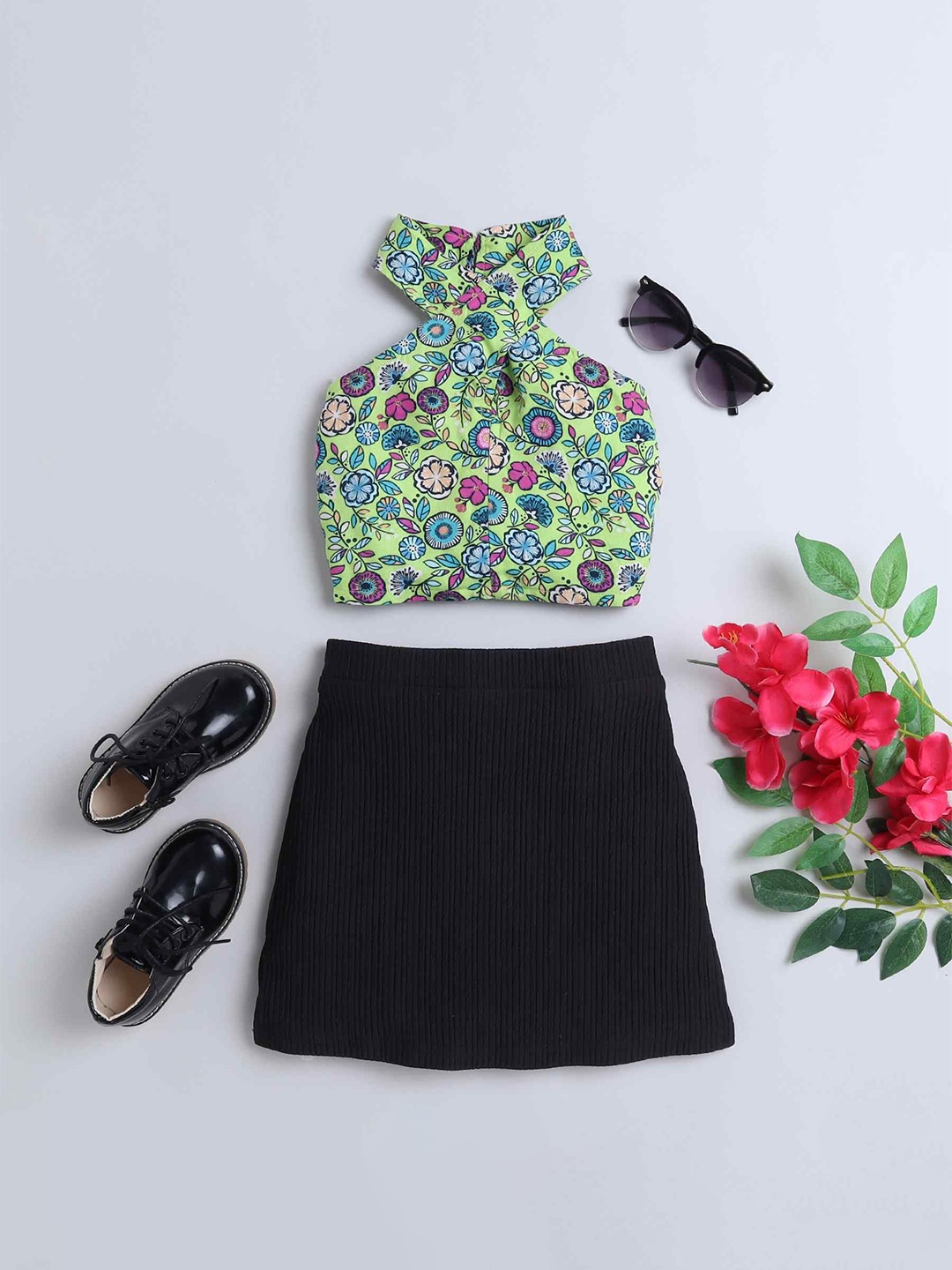 

taffykids Girls Floral Printed Halter Neck Sleeveless Top With Skirt, Black