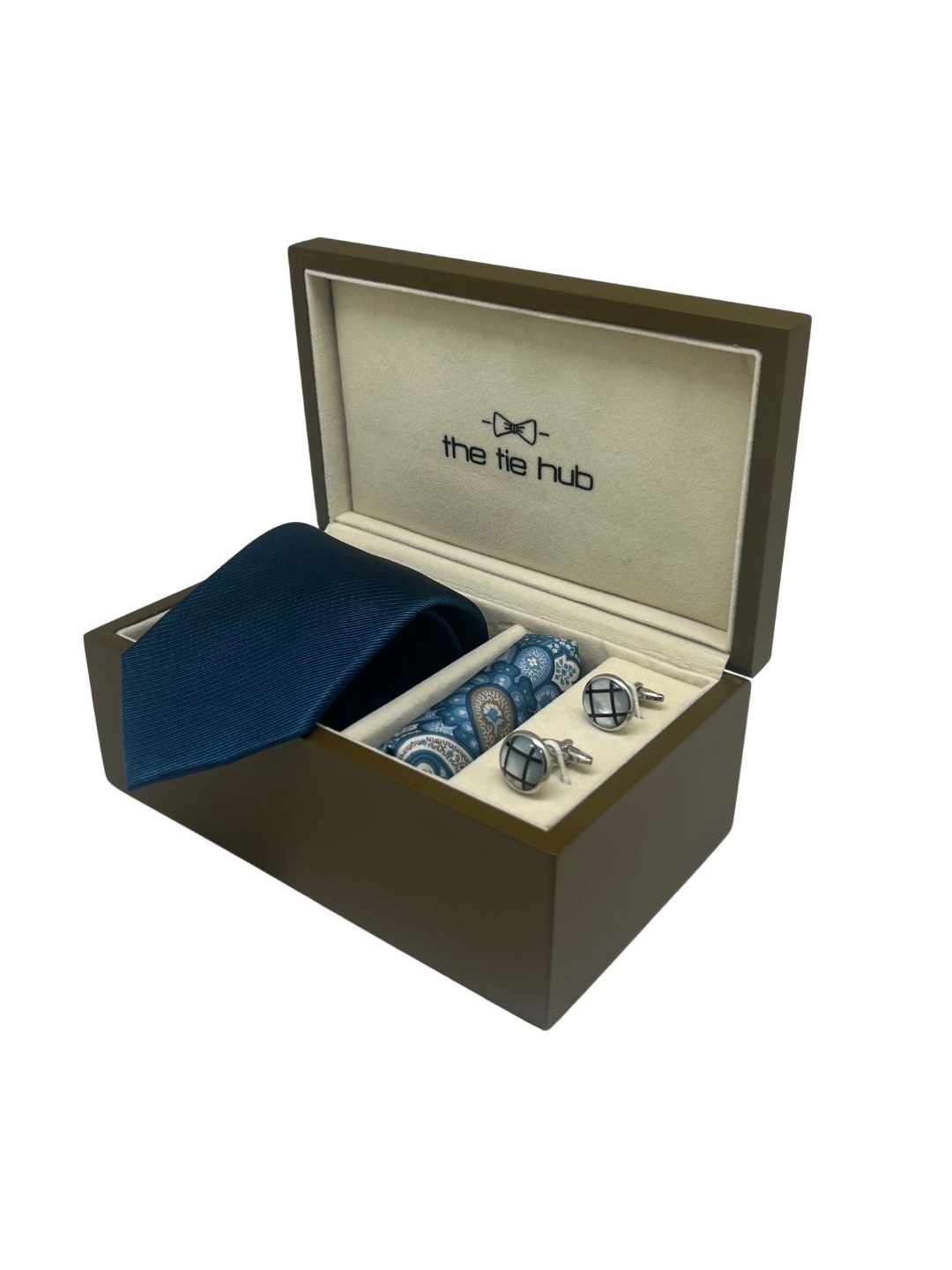 

The Tie Hub Men Silk Necktie, Brass Cufflinks & Silk Pocket Square Accessory Gift Set, Silver