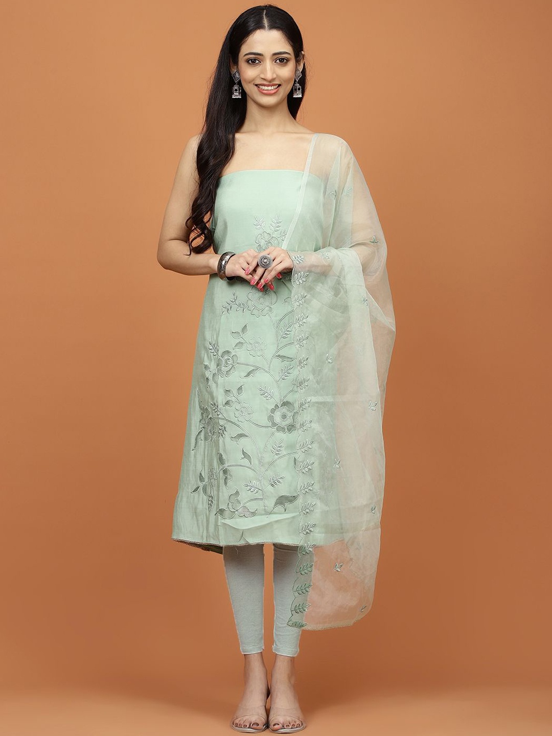 

Meena Bazaar Embroidered Thread Work Art Silk Unstitched Dress Material, Sea green
