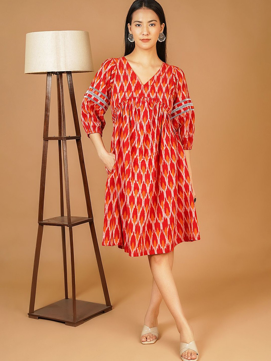 

INDOPHILIA Women Print Cotton A-Line Midi Dress, Red