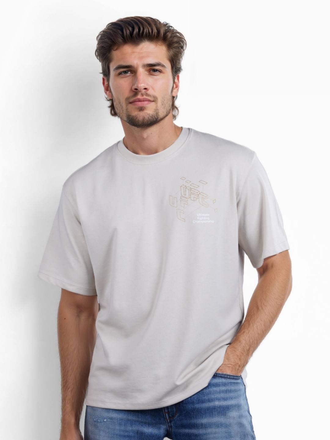 

Celio Men Typography Printed Round Neck Cotton Oversized T-shirt, Off white