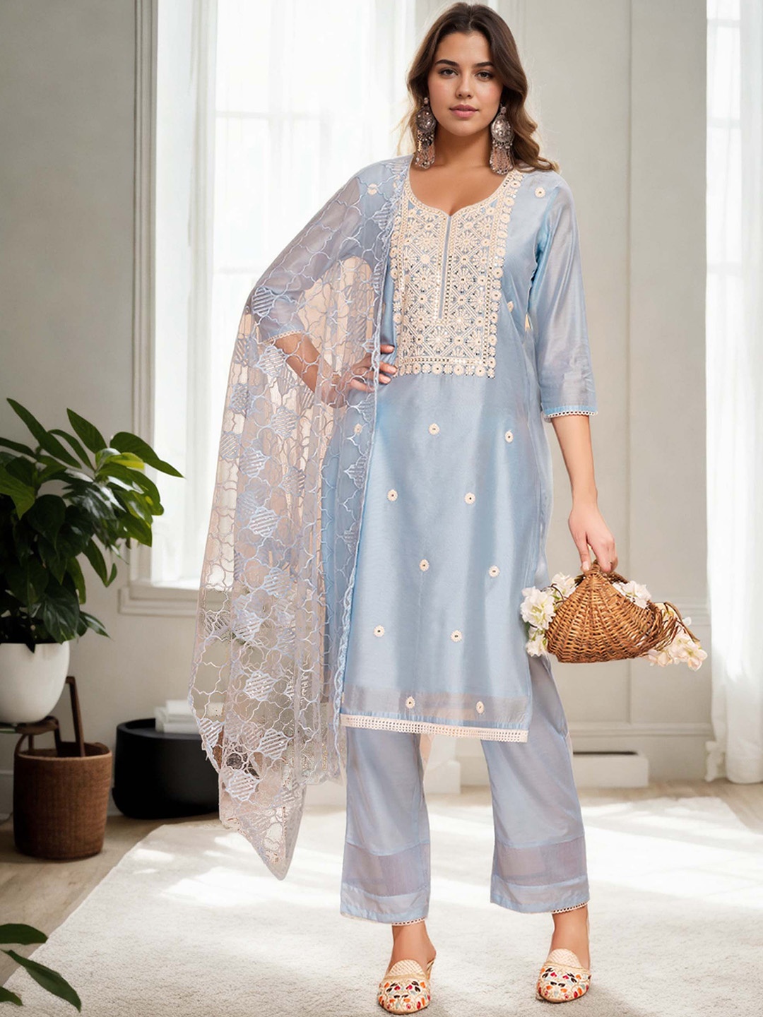 

Anouk Ethnic Motifs Embroidered Chanderi Cotton Straight Kurta with Trousers & Dupatta, Blue