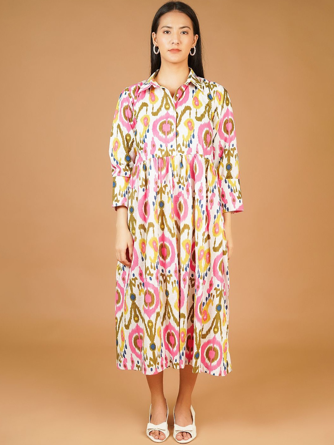 

INDOPHILIA Women Floral Printed Gathered or Pleated A-Line Midi Dress, White