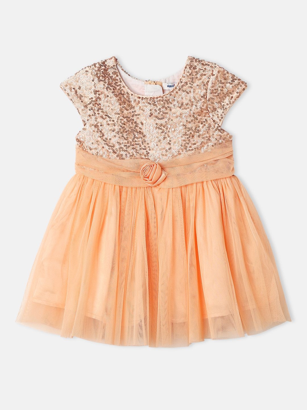 

Nautinati Girls' Sequin Mesh Sleeveless Knee Length Party Frock, Peach