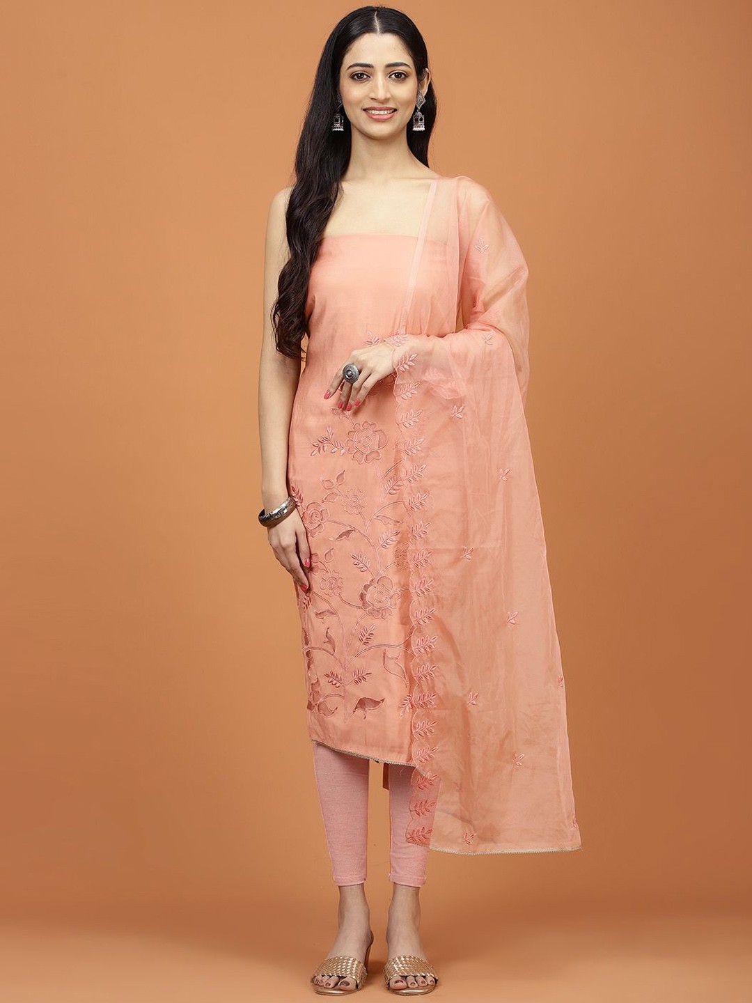 

Meena Bazaar Floral Embroidered Unstitched Dress Material, Peach