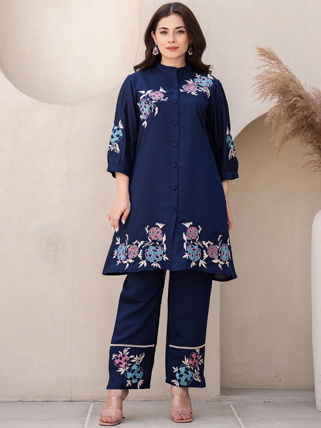 

FASHION DWAR Embroidered Band Collar Pure Silk Top With Trouser, Navy blue
