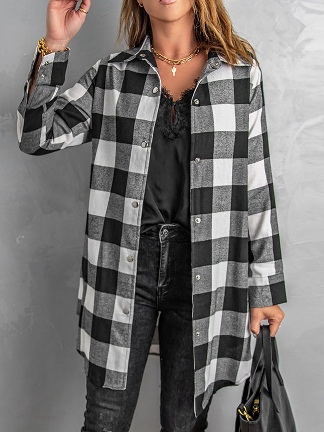 

StyleCast Women Spread Collar Buffalo Checked Casual Shirt, Black