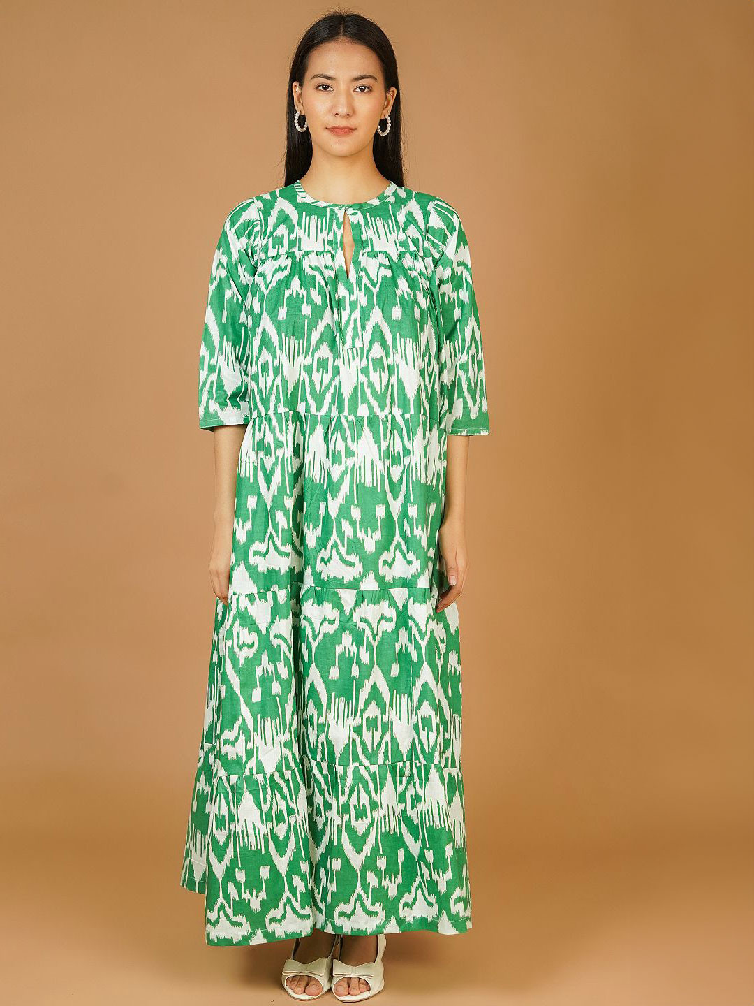 

INDOPHILIA Women Cotton Printed Tiered Maxi Dress, Green