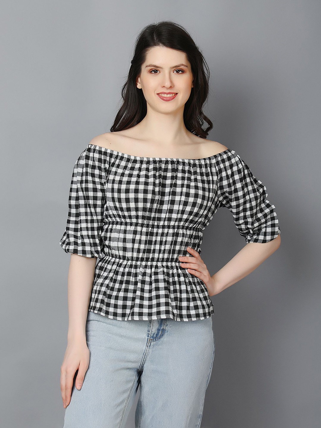 

Zuvino Cotton Checked Puff Sleeves Off-Shoulder Puff Sleeve Top, Black