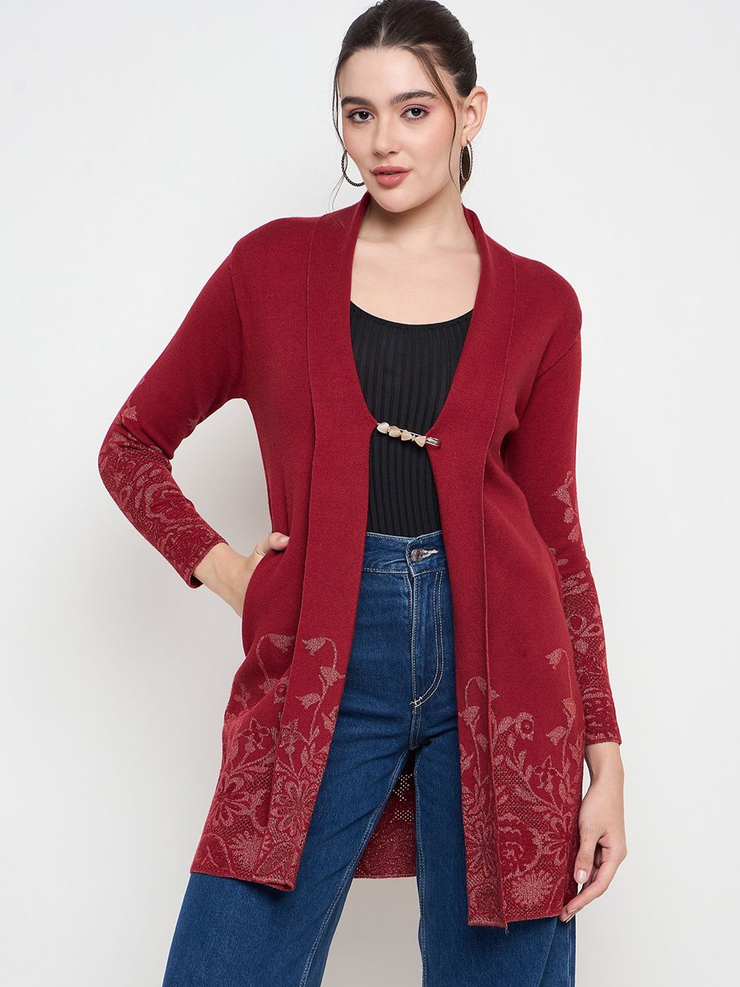 

Zigo Floral Self Design Longline Woollen Open Front Shrug, Red