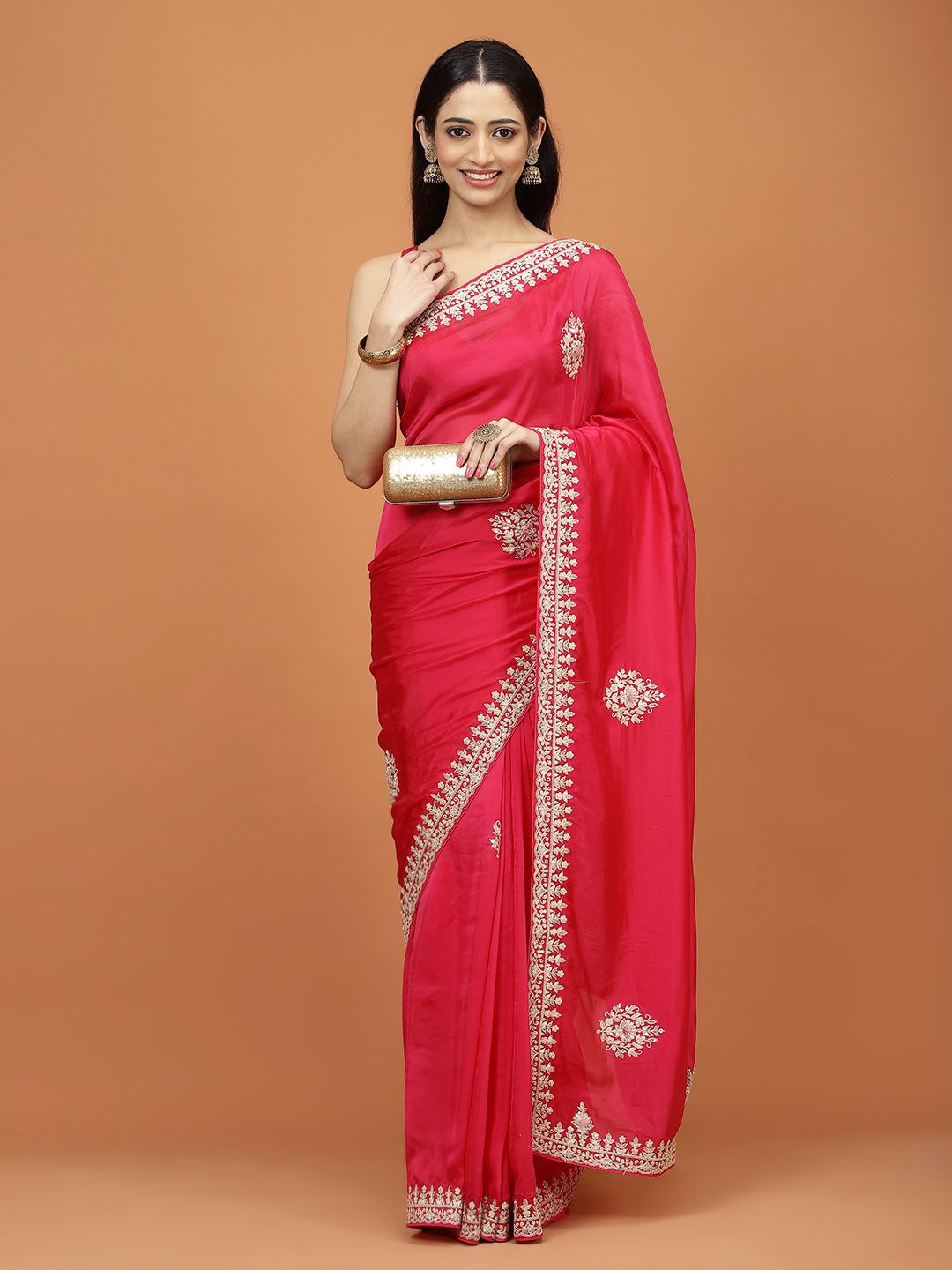 

Meena Bazaar Women Ethnic Motifs Sequinned Organza Saree With Blouse Piece, Pink