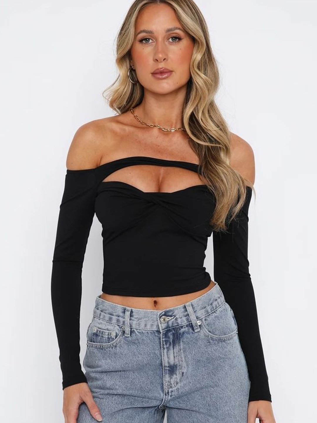 

LULU & SKY Women Off-Shoulder Bardot Crop Top, Black