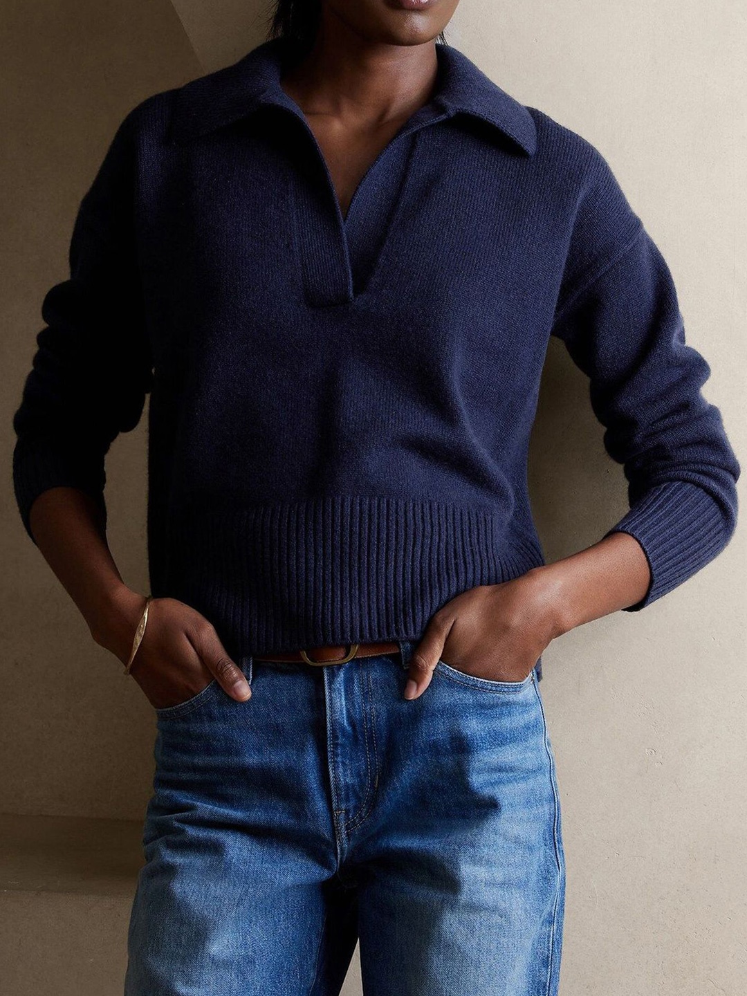 

LULU & SKY Women Ribbed Edge Collared Jumper, Navy blue