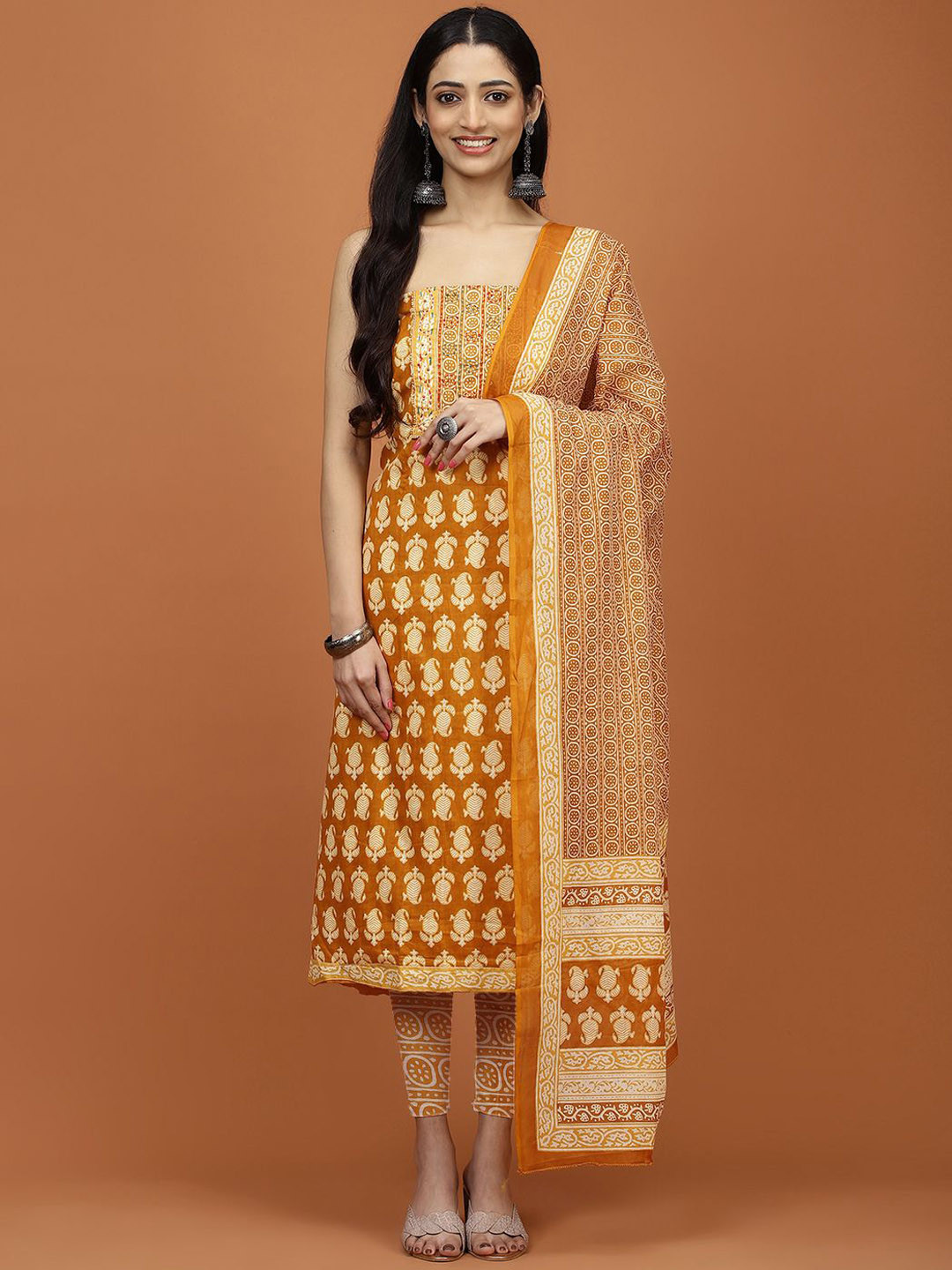

Meena Bazaar Paisley Printed Cotton Unstitched Dress Material, Mustard