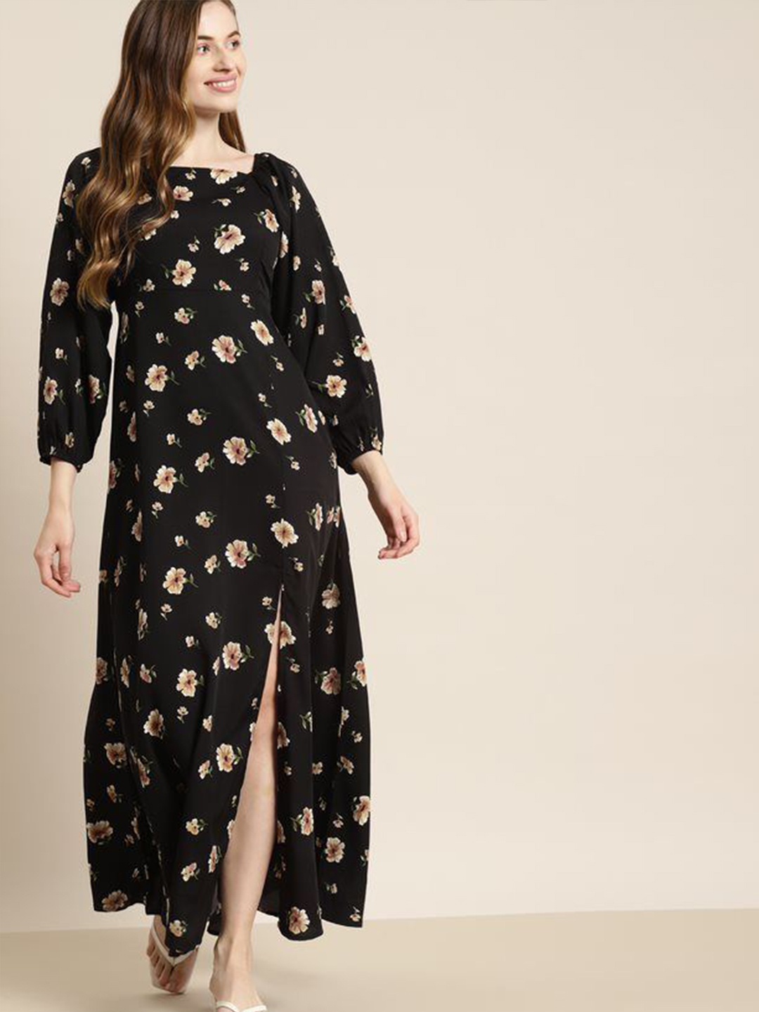 

Qurvii Women Floral Print Puff Sleeve Crepe Maxi Dress, Black