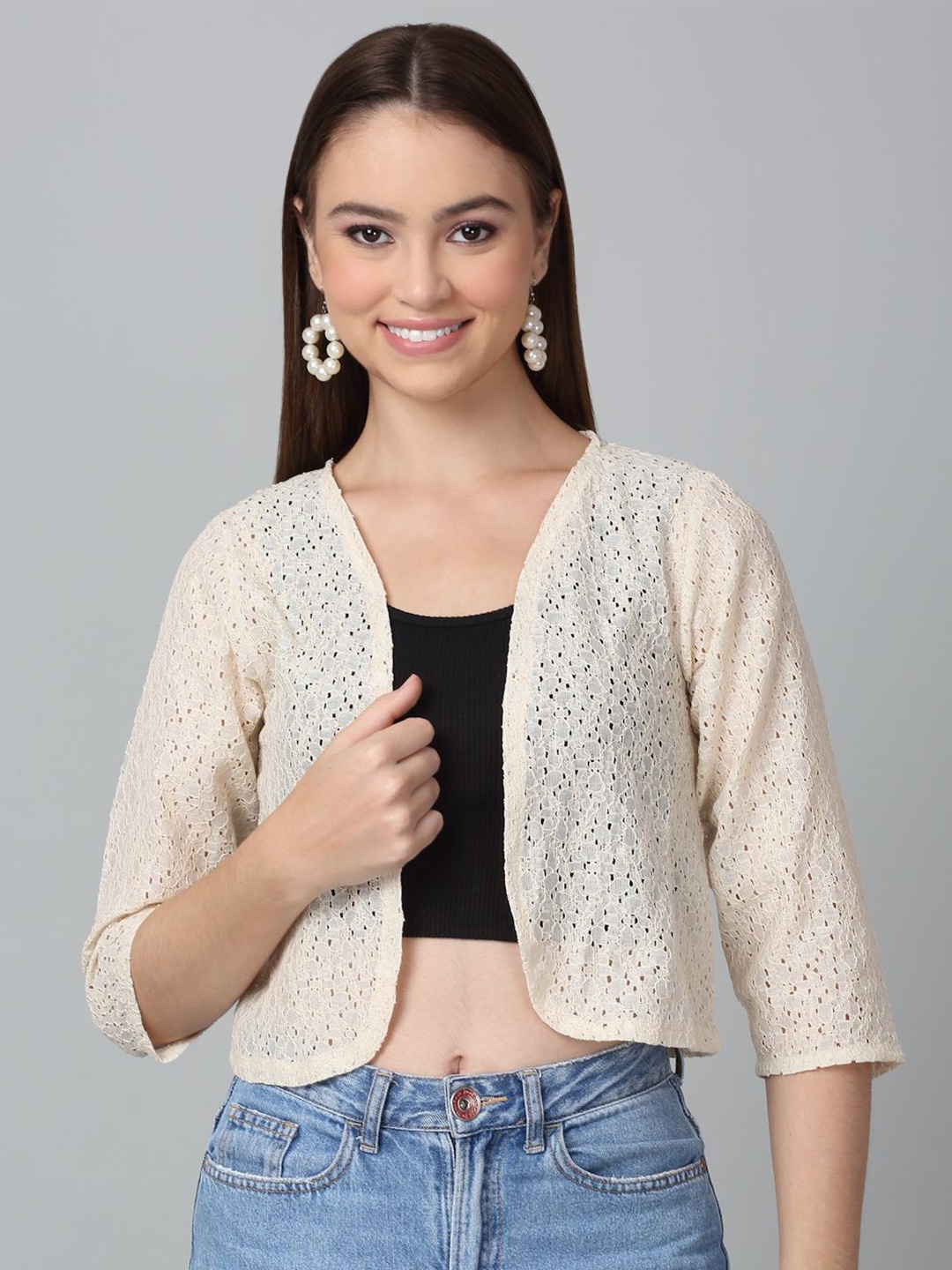

Dressitude Self Design Cotton Open Front Crop Shrug, Cream