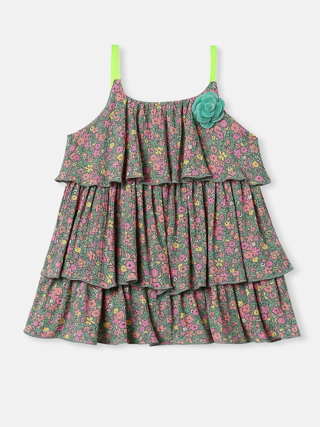 

Nautinati Girls' Floral Printed Knee Length Sleeveless Frock, Green