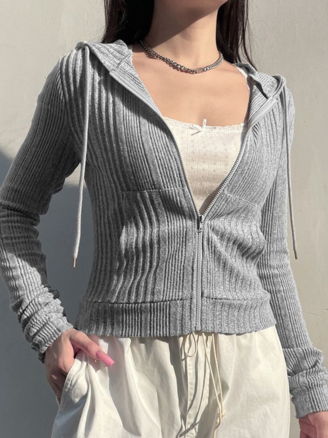 

LULU & SKY Women Hooded Self Design Casual Open Front Jacket, Grey