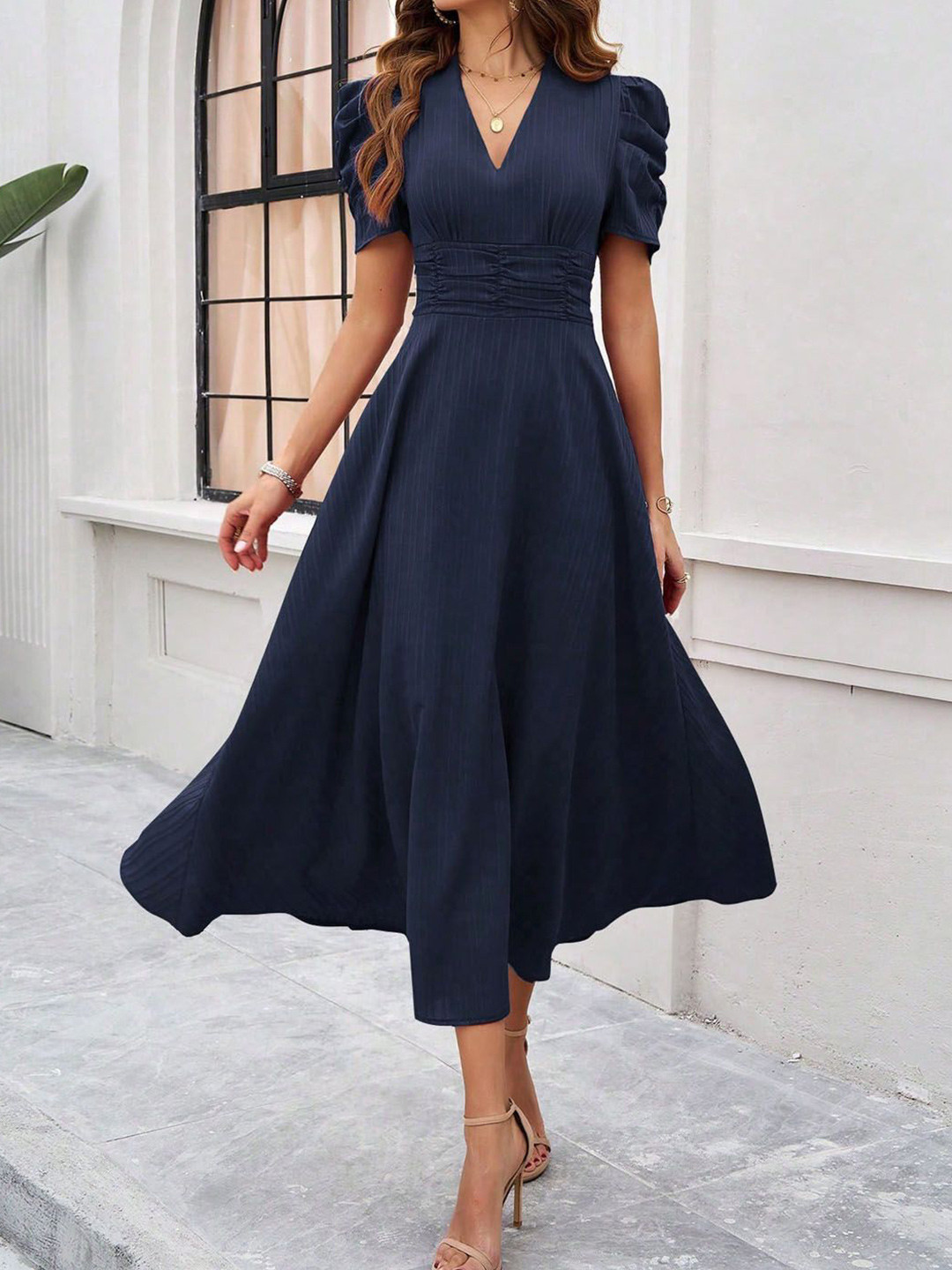 

StyleCast Women V-Neck Fit & Flare Midi Dress, Navy blue