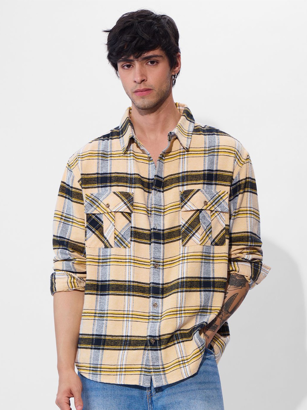 

The Souled Store Men Spread Collar Tartan Checked Cotton Casual Shirt, Yellow