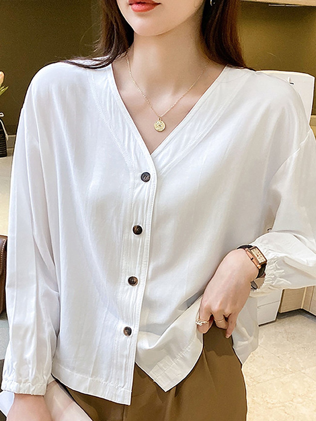 

LULU & SKY Women Solid V-Neck Bishop Sleeves Shirt Style Tops, White