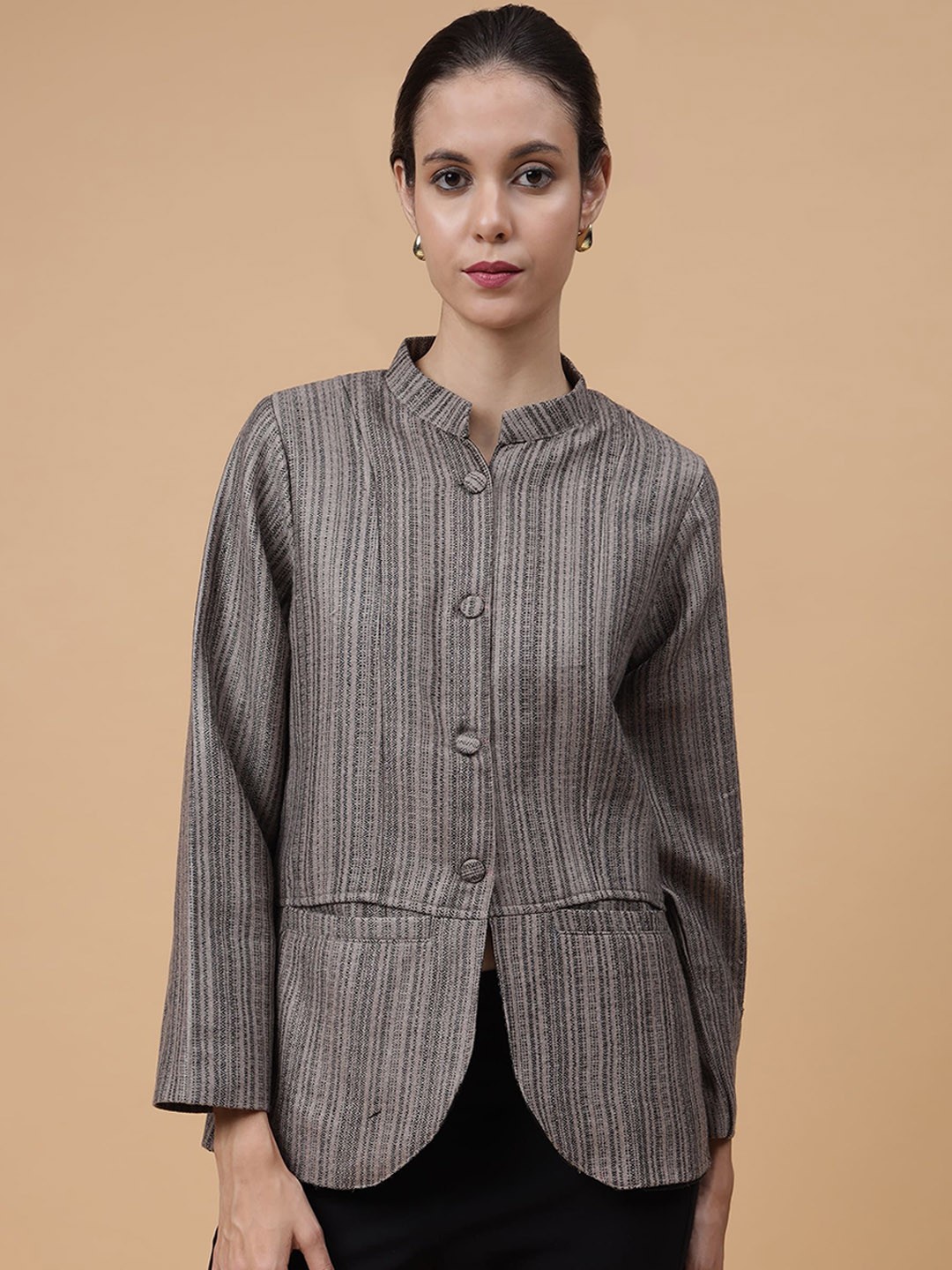 

Zamour Women Mandarin Collar Striped Printed Casual Tailored Jacket, Brown