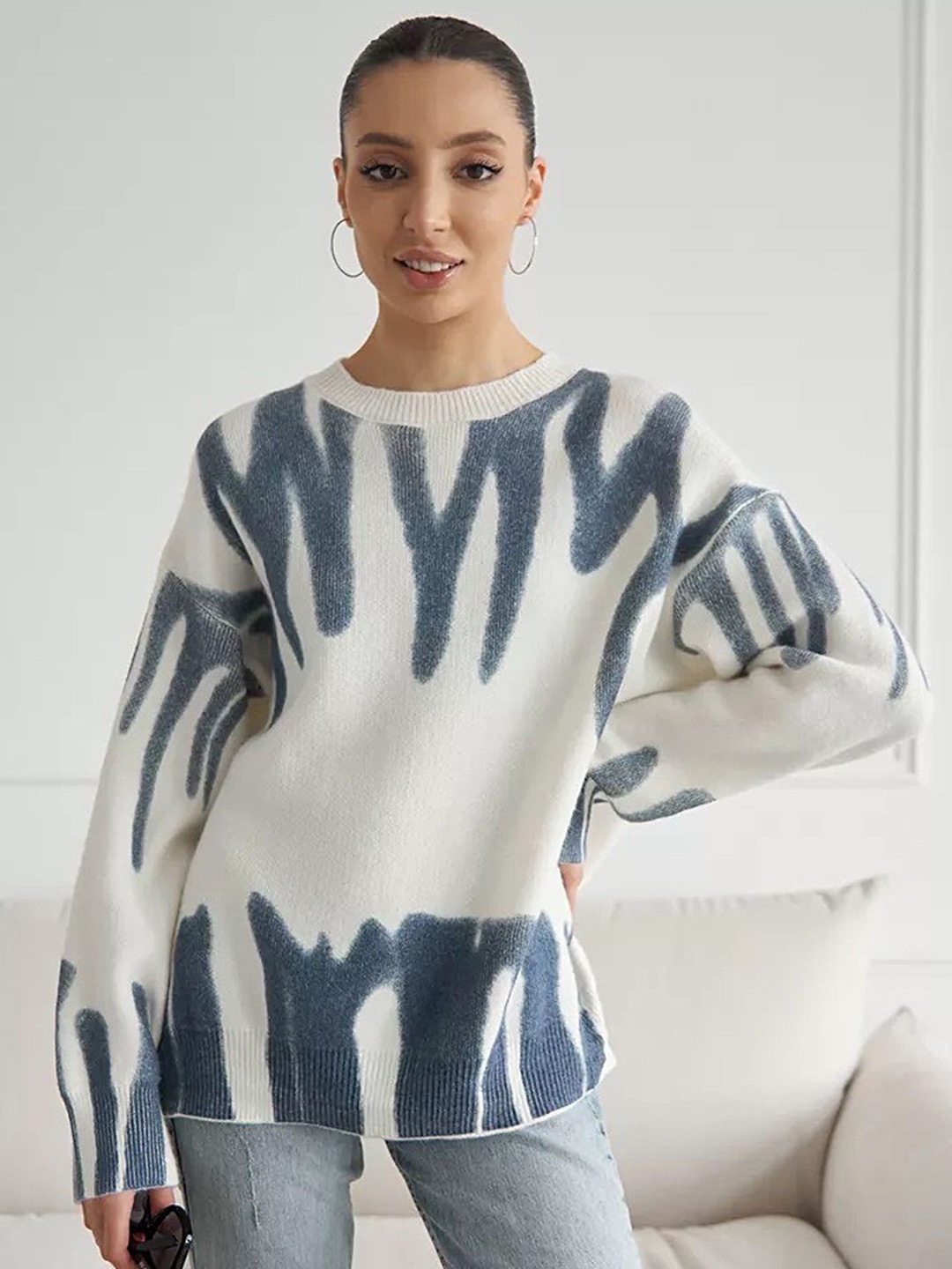 

LULU & SKY Women Round Neck Abstract Printed Pullover Sweaters, Blue