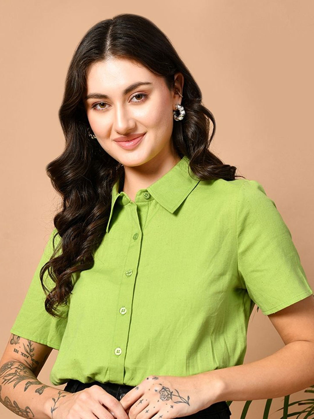 

PRETTY LOVING THING Women Cotton Shirt Style Crop Top, Green