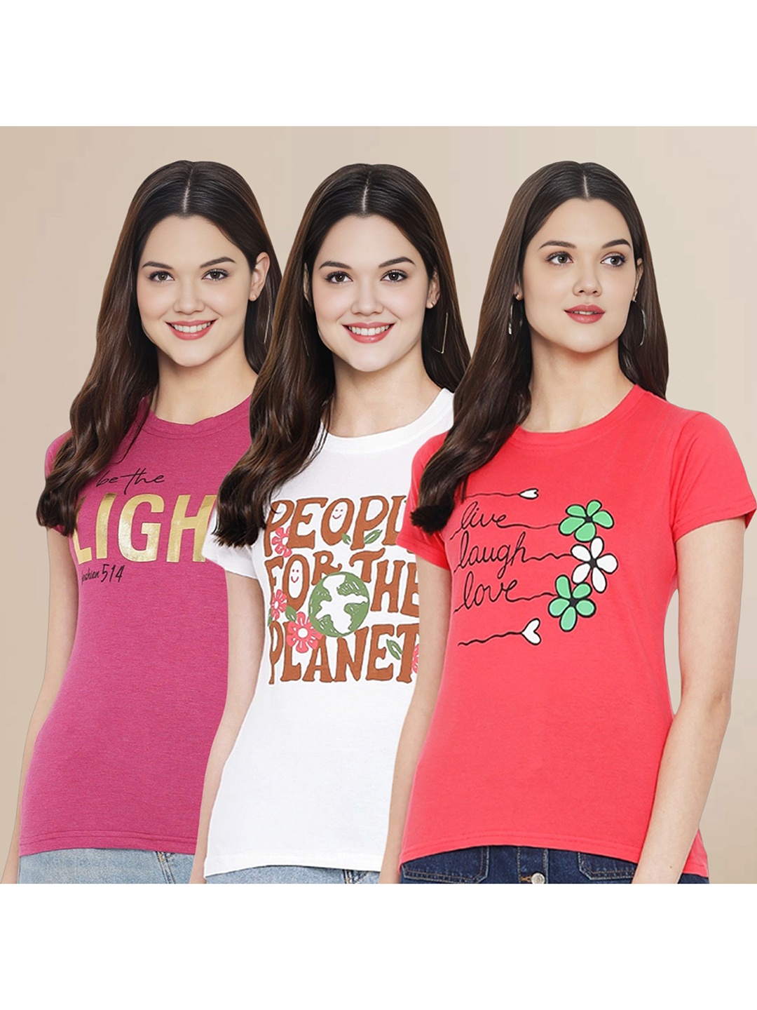 

Metronaut Women Pack Of 3 Typography Printed Round Neck Cotton T-shirts, White