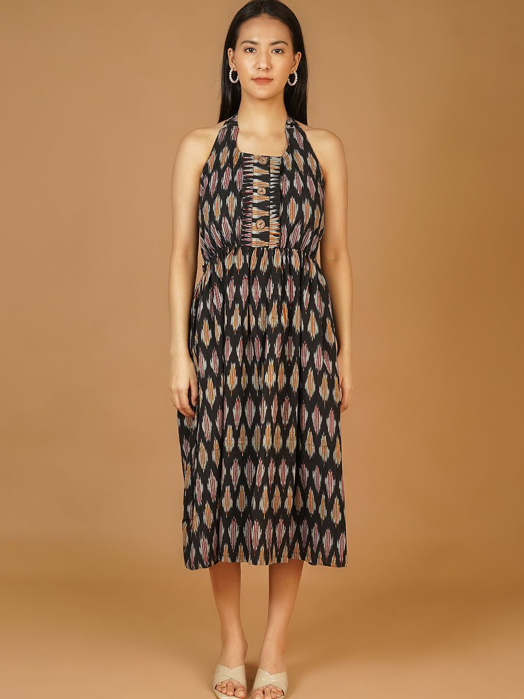 

INDOPHILIA Women Abstract Printed Cotton A-Line Midi Dress, Black