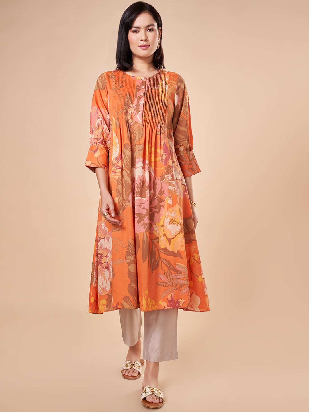 

Marigold Lane Floral Printed Round Neck Cotton A-Line Kurta, Orange