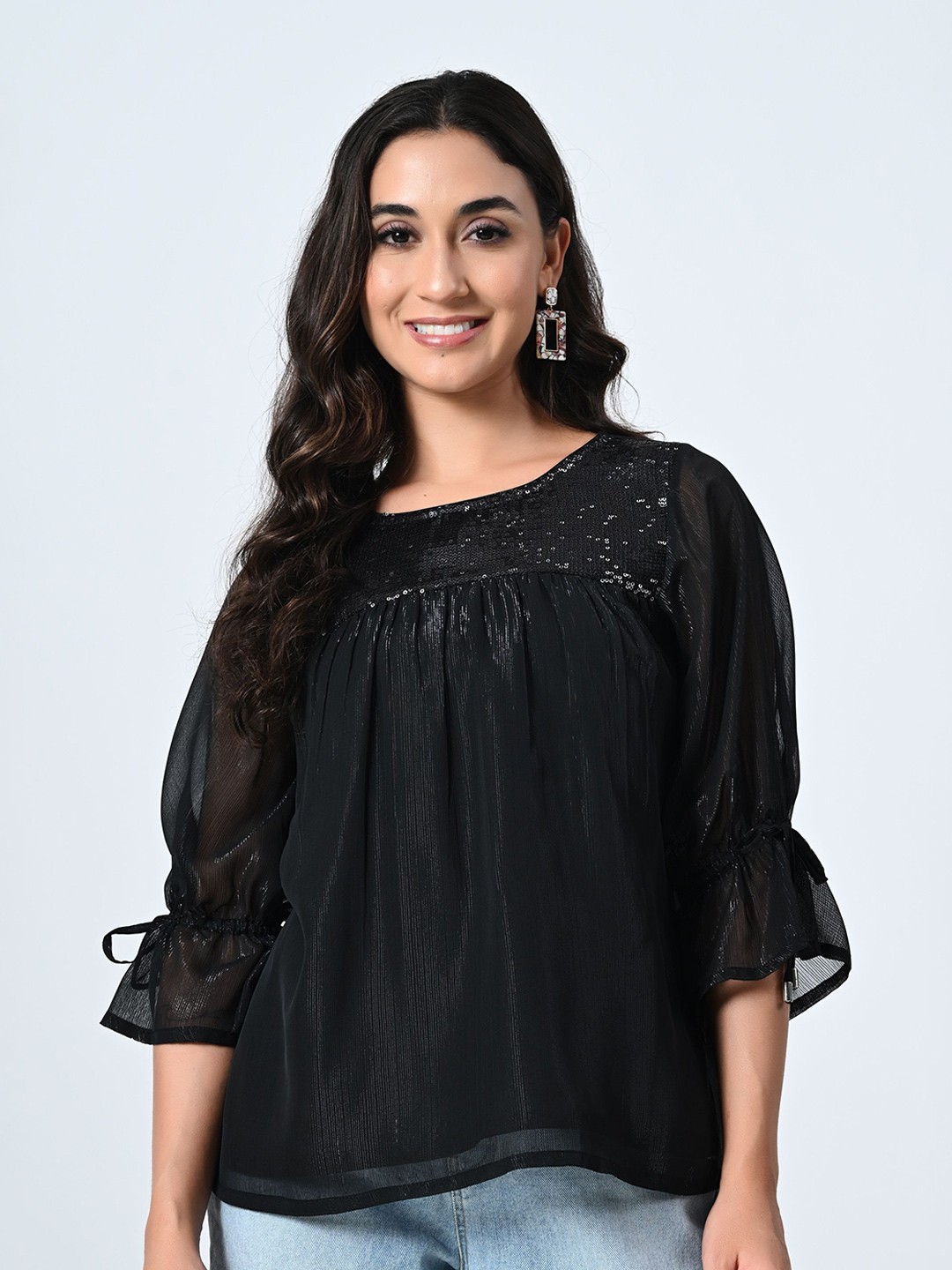 

ALL WAYS YOU Women Embellished Bell Sleeve Georgette Top, Black